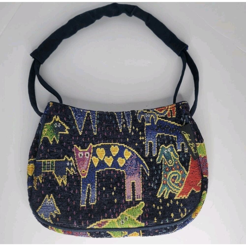 Laurel Burch Colorful Cat & Dog Tapestry Boho Artistic Shoulder Bag Navy